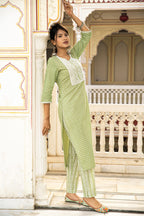 Green Cotton Butta Block Printed Kurta Pant Set - Set of 2 Bada Boota