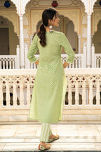 Green Cotton Butta Block Printed Kurta Pant Set - Set of 2 Bada Boota