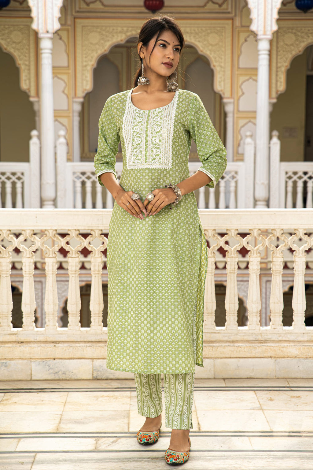 Green Cotton Butta Block Printed Kurta Pant Set - Set of 2 Bada Boota