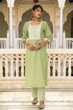 Green Cotton Butta Block Printed Kurta Pant Set - Set of 2 Bada Boota