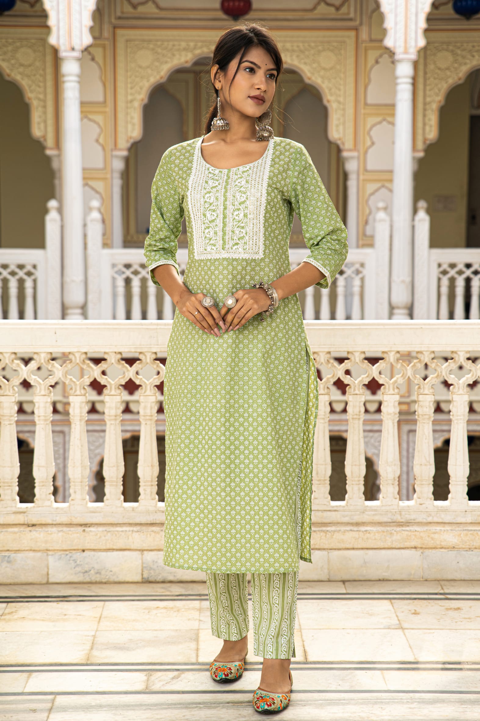 Green Cotton Butta Block Printed Kurta Pant Set - Set of 2 Bada Boota