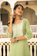 Green Cotton Butta Block Printed Kurta Pant Set - Set of 2 Bada Boota
