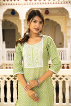 Green Cotton Butta Block Printed Kurta Pant Set - Set of 2 Bada Boota
