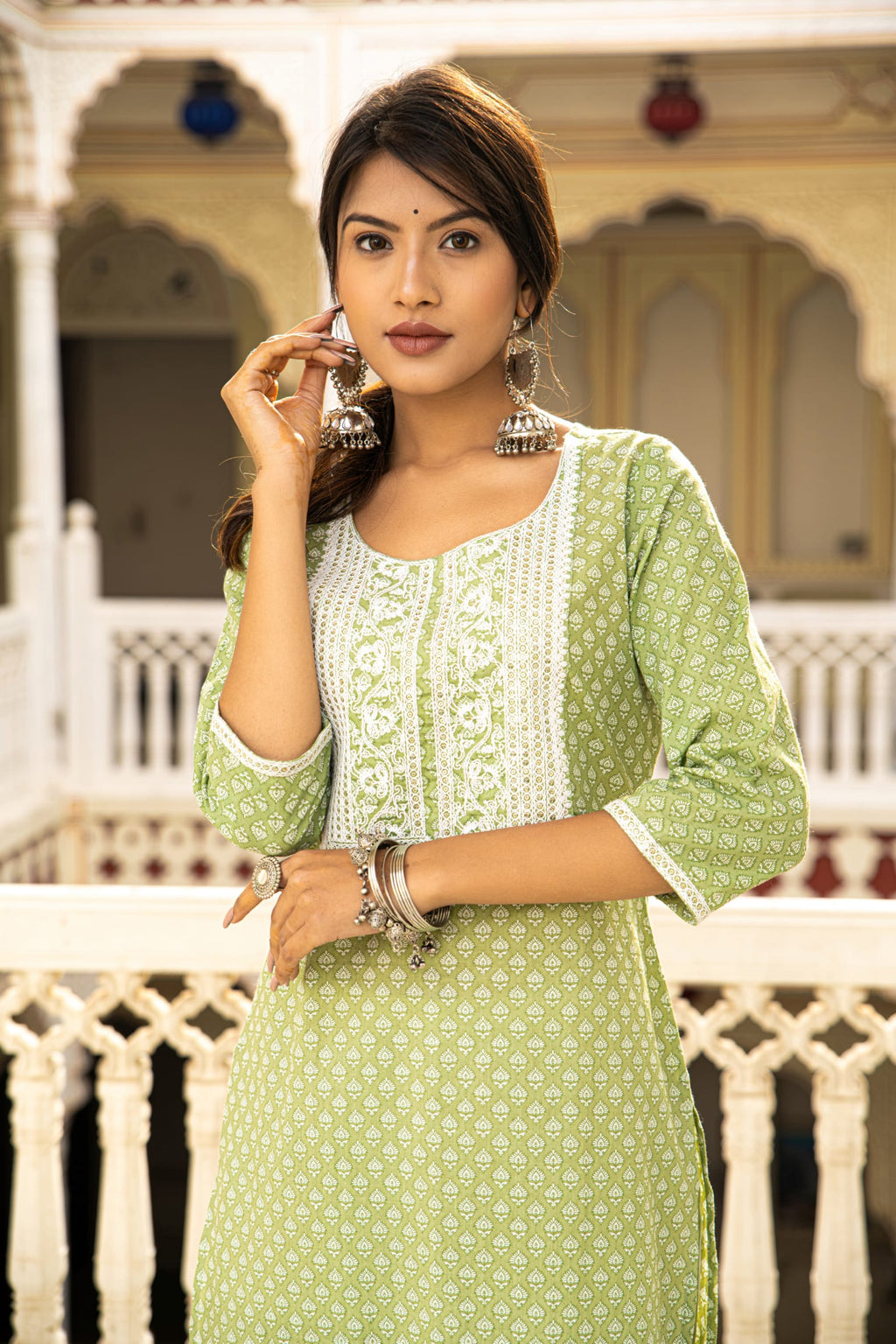 Green Cotton Butta Block Printed Kurta Pant Set - Set of 2 Bada Boota