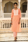Peach White Printed Cotton Kurta with Pants- Set of 2 Bada Boota