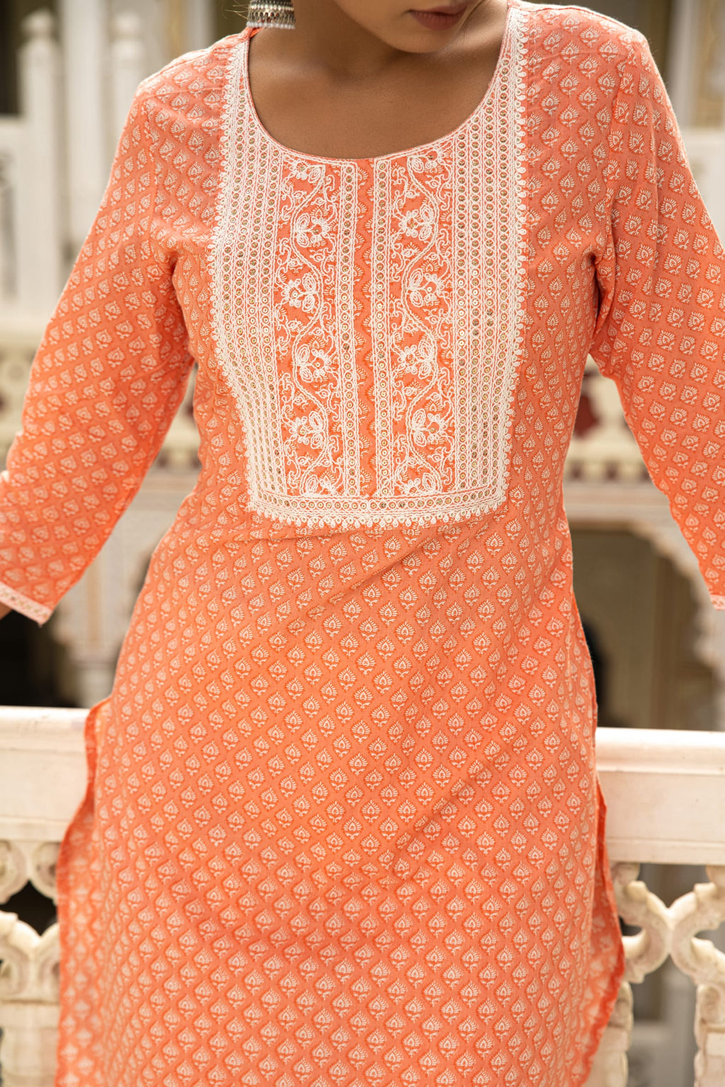 Peach White Printed Cotton Kurta with Pants- Set of 2 Bada Boota