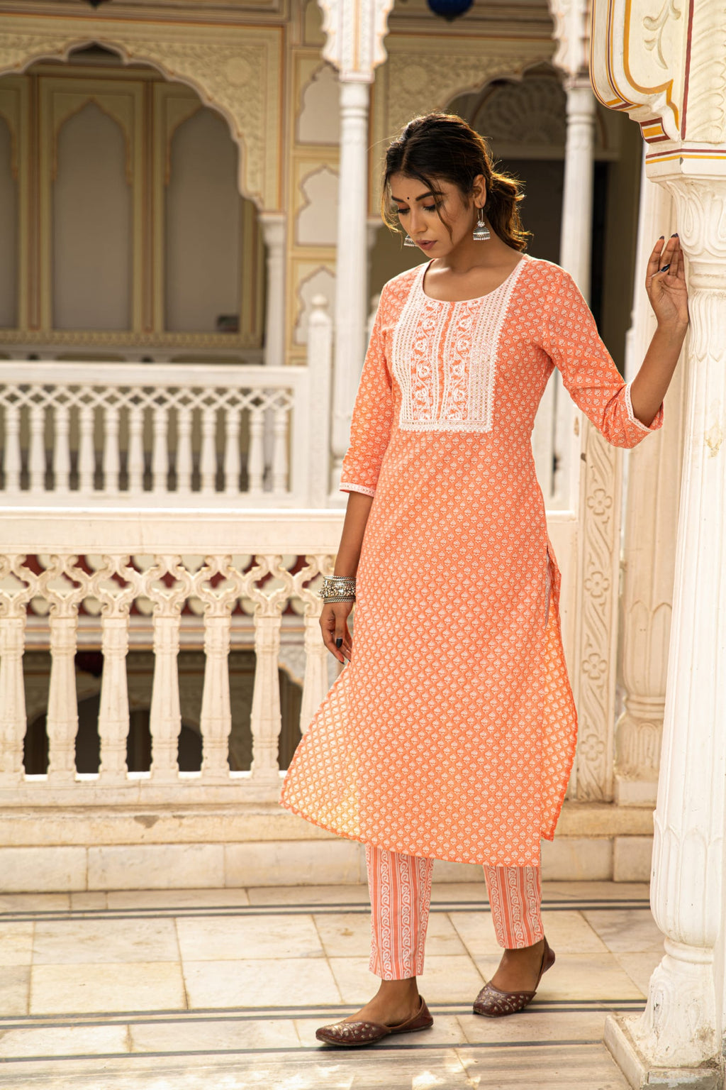 Peach White Printed Cotton Kurta with Pants- Set of 2 Bada Boota
