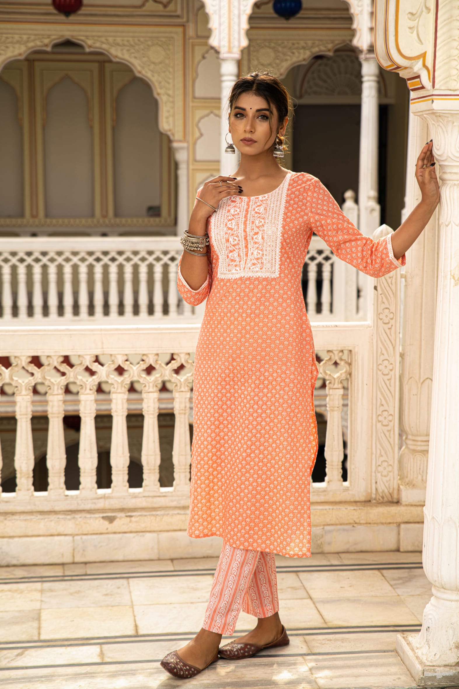 Peach White Printed Cotton Kurta with Pants- Set of 2 Bada Boota