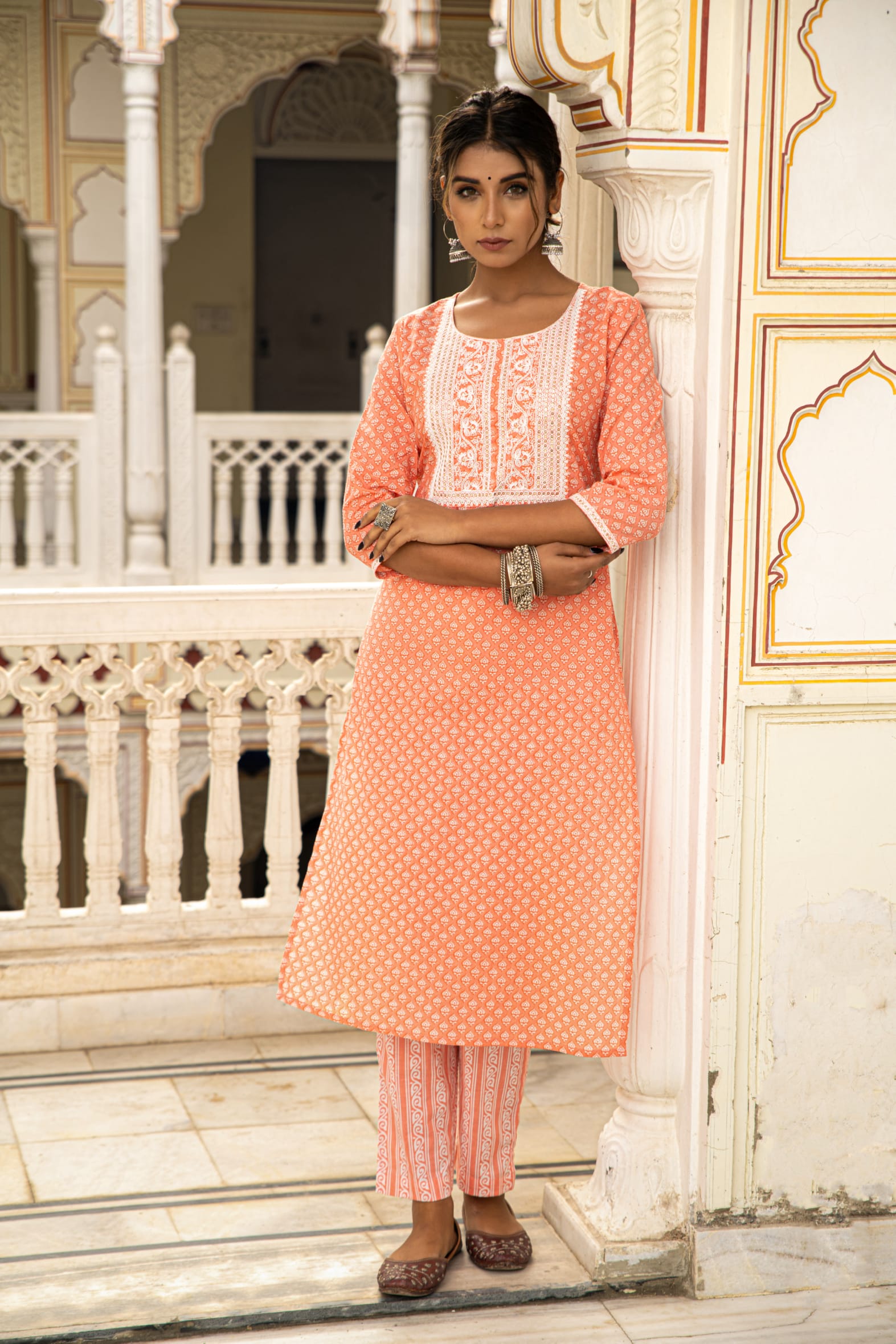 Peach White Printed Cotton Kurta with Pants- Set of 2 Bada Boota