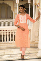 Peach White Printed Cotton Kurta with Pants- Set of 2 Bada Boota