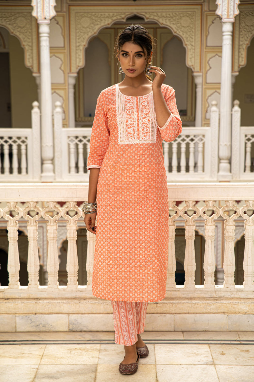 Peach White Printed Cotton Kurta with Pants- Set of 2 Bada Boota