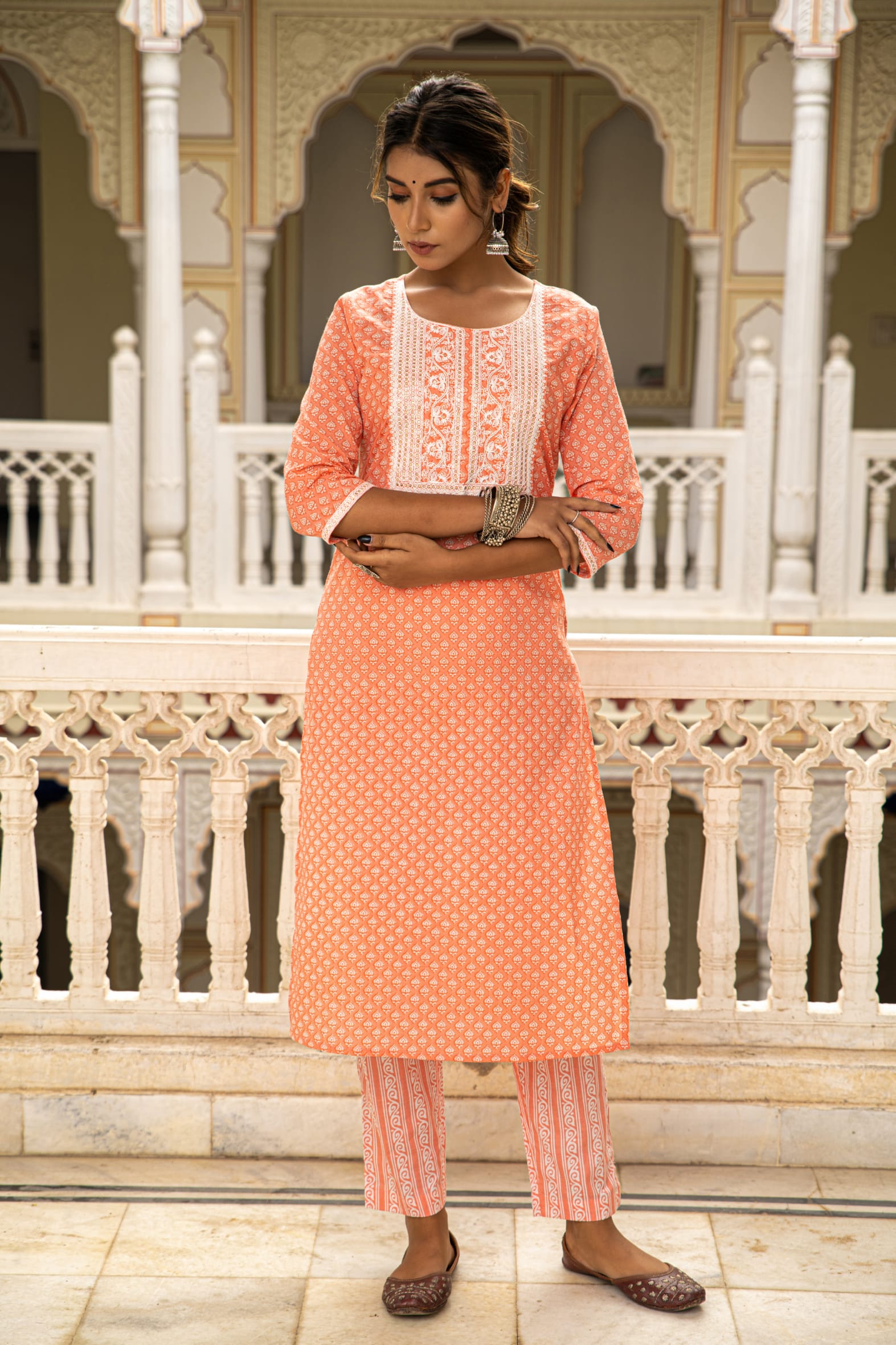 Peach White Printed Cotton Kurta with Pants- Set of 2 Bada Boota