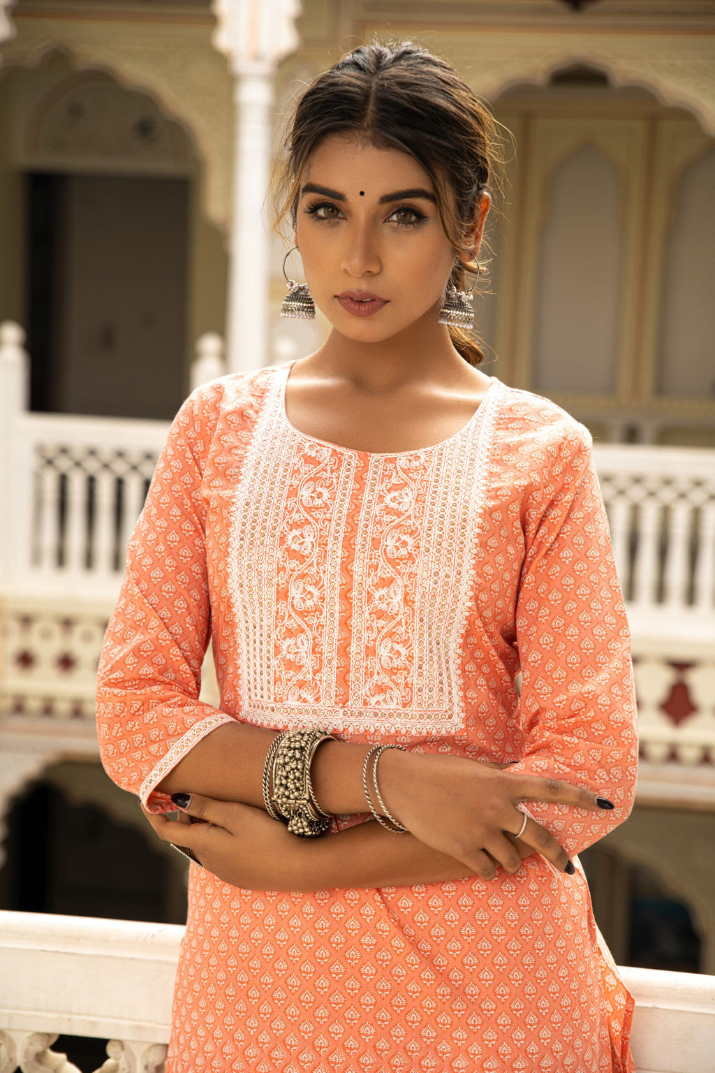 Peach White Printed Cotton Kurta with Pants- Set of 2 Bada Boota