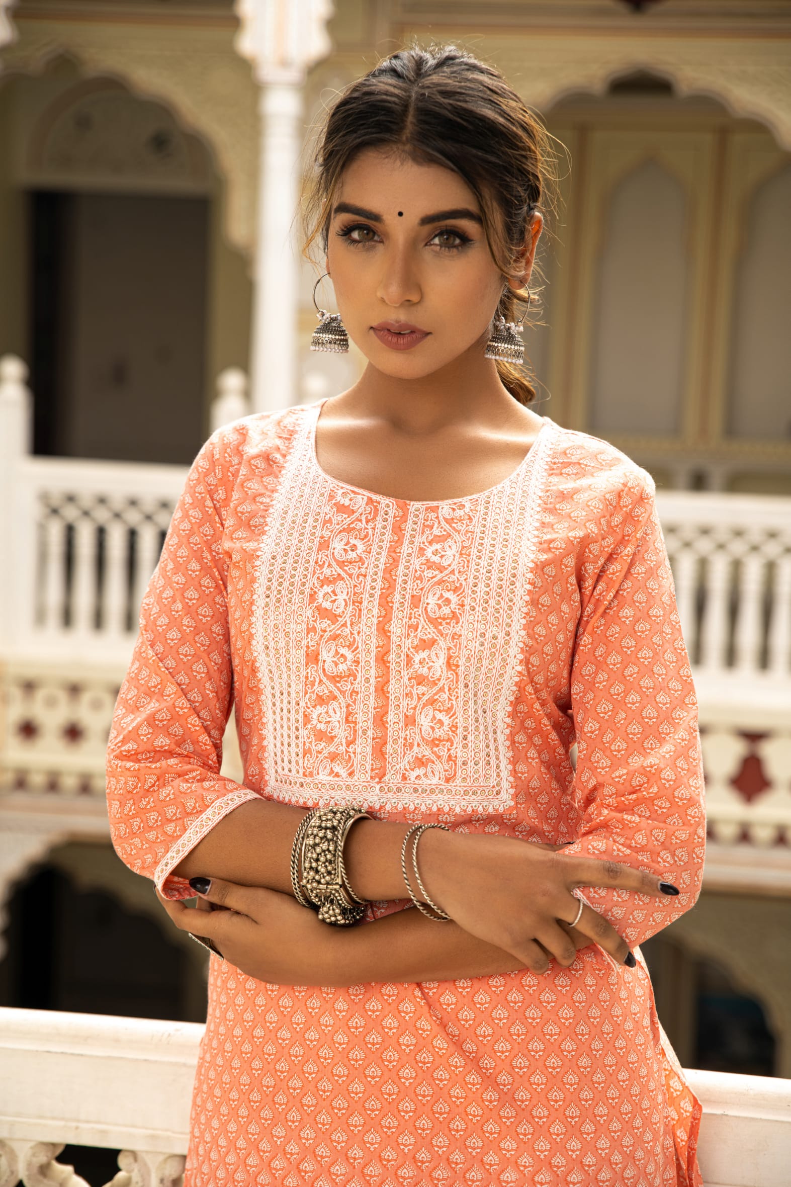 Peach White Printed Cotton Kurta with Pants- Set of 2 Bada Boota
