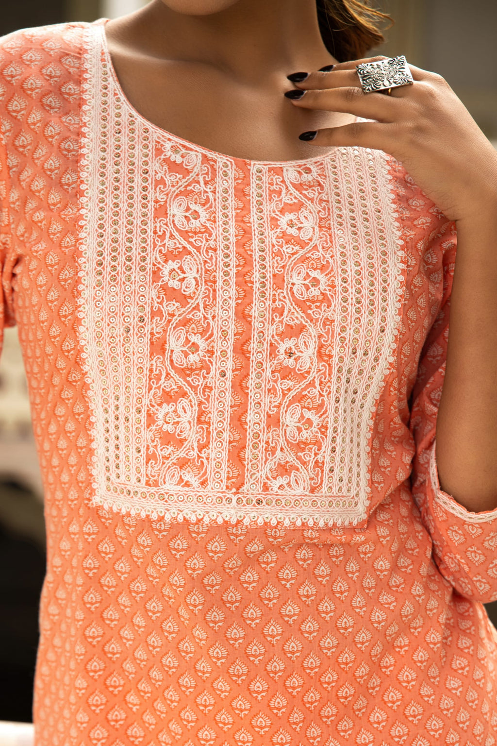 Peach White Printed Cotton Kurta with Pants- Set of 2 Bada Boota
