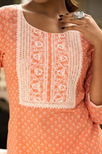 Peach White Printed Cotton Kurta with Pants- Set of 2 Bada Boota