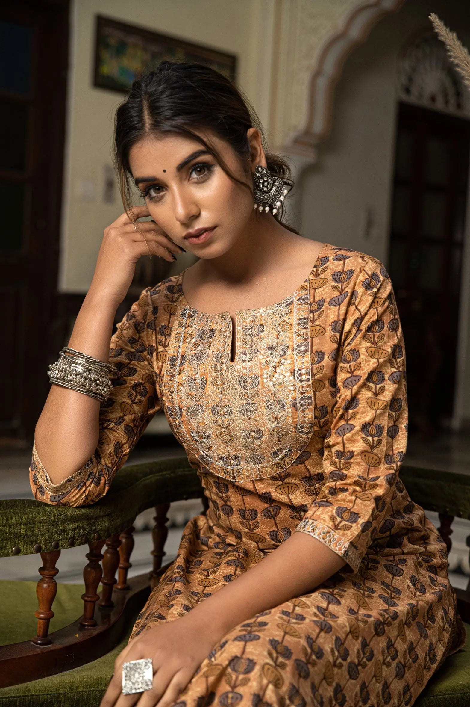 Beige Hand Block Printed Cotton Kurta with Pants- Set of 2 Bada Boota