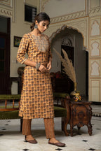 Beige Hand Block Printed Cotton Kurta with Pants- Set of 2 Bada Boota