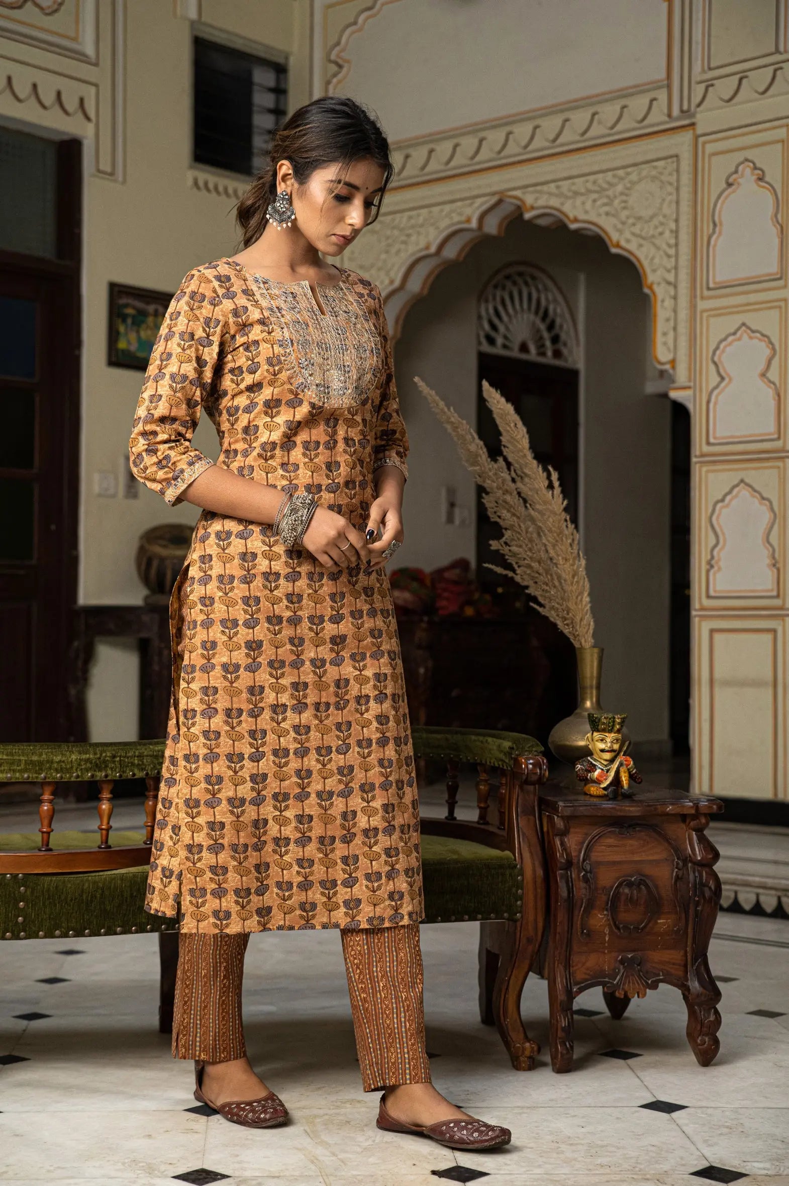 Beige Hand Block Printed Cotton Kurta with Pants- Set of 2 Bada Boota