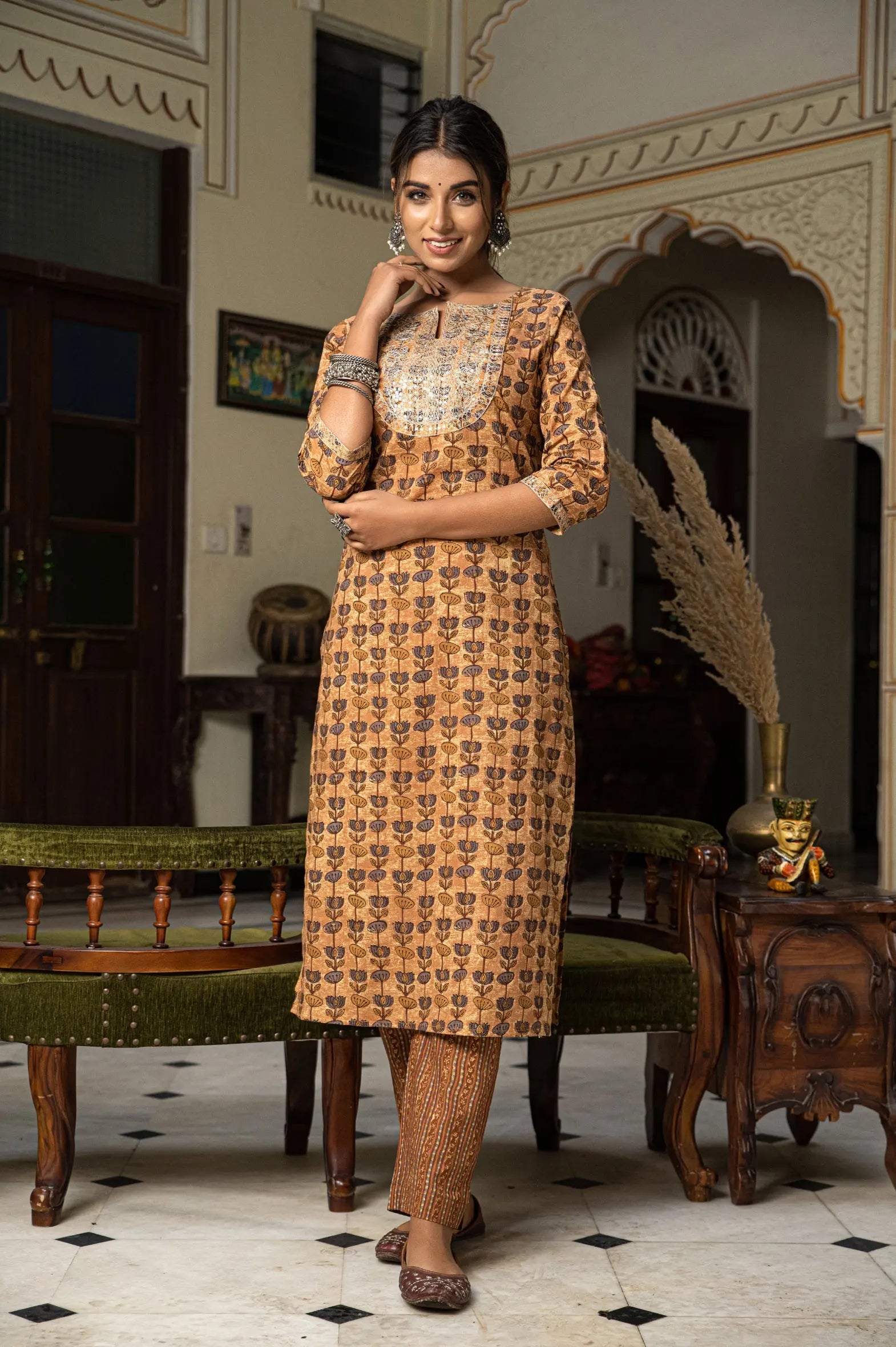 Beige Hand Block Printed Cotton Kurta with Pants- Set of 2 Bada Boota