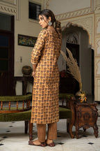 Beige Hand Block Printed Cotton Kurta with Pants- Set of 2 Bada Boota