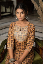 Beige Hand Block Printed Cotton Kurta with Pants- Set of 2 Bada Boota