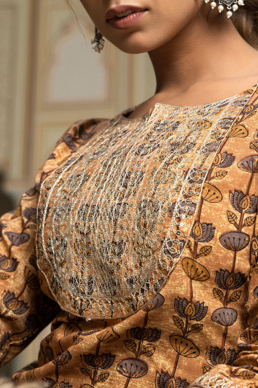 Beige Hand Block Printed Cotton Kurta with Pants- Set of 2 Bada Boota