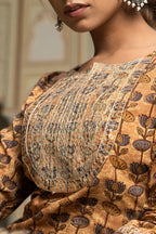 Beige Hand Block Printed Cotton Kurta with Pants- Set of 2 Bada Boota