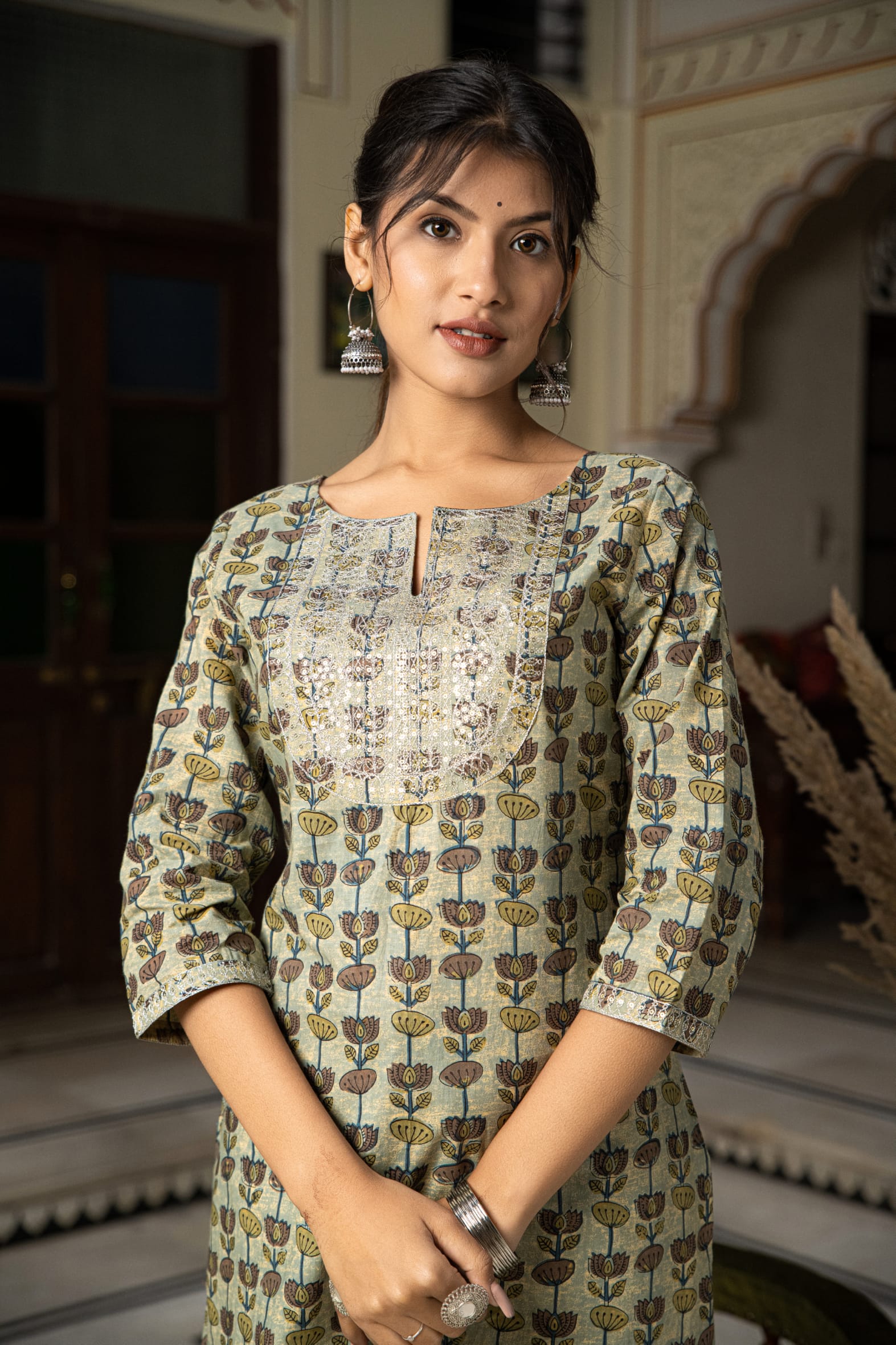 Green Hand Block Printed Cotton Kurta with Pants- Set of 2 Bada Boota