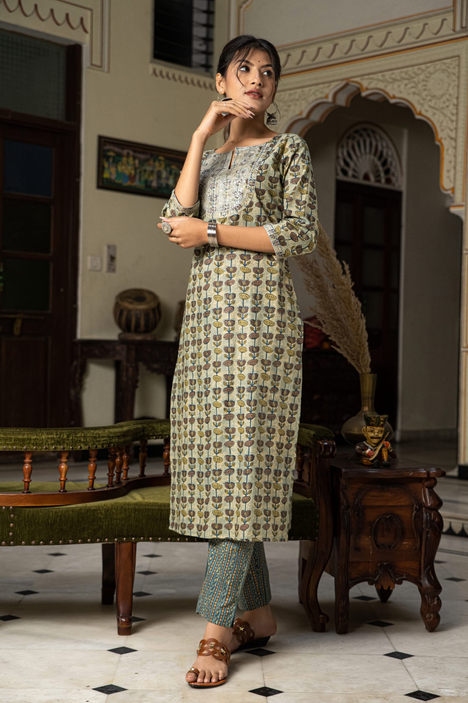 Green Hand Block Printed Cotton Kurta with Pants- Set of 2 Bada Boota