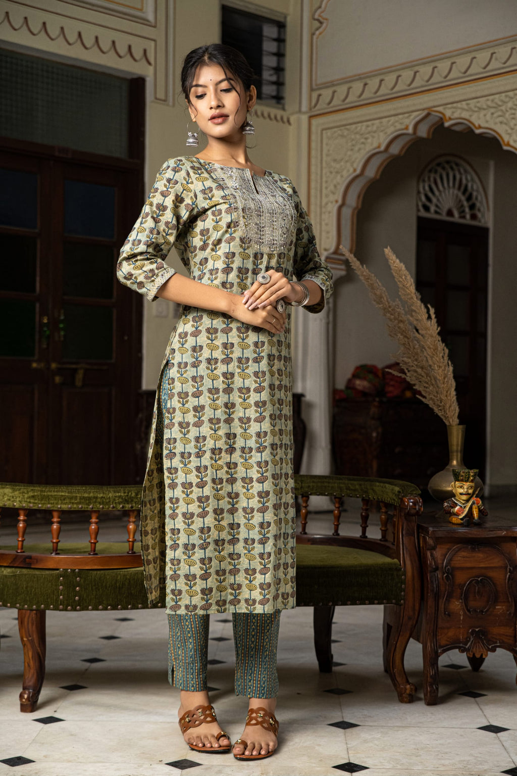 Green Hand Block Printed Cotton Kurta with Pants- Set of 2 Bada Boota