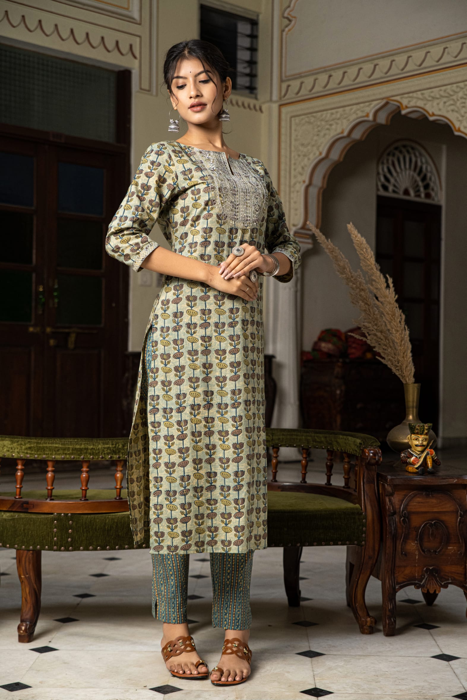 Green Hand Block Printed Cotton Kurta with Pants- Set of 2 Bada Boota