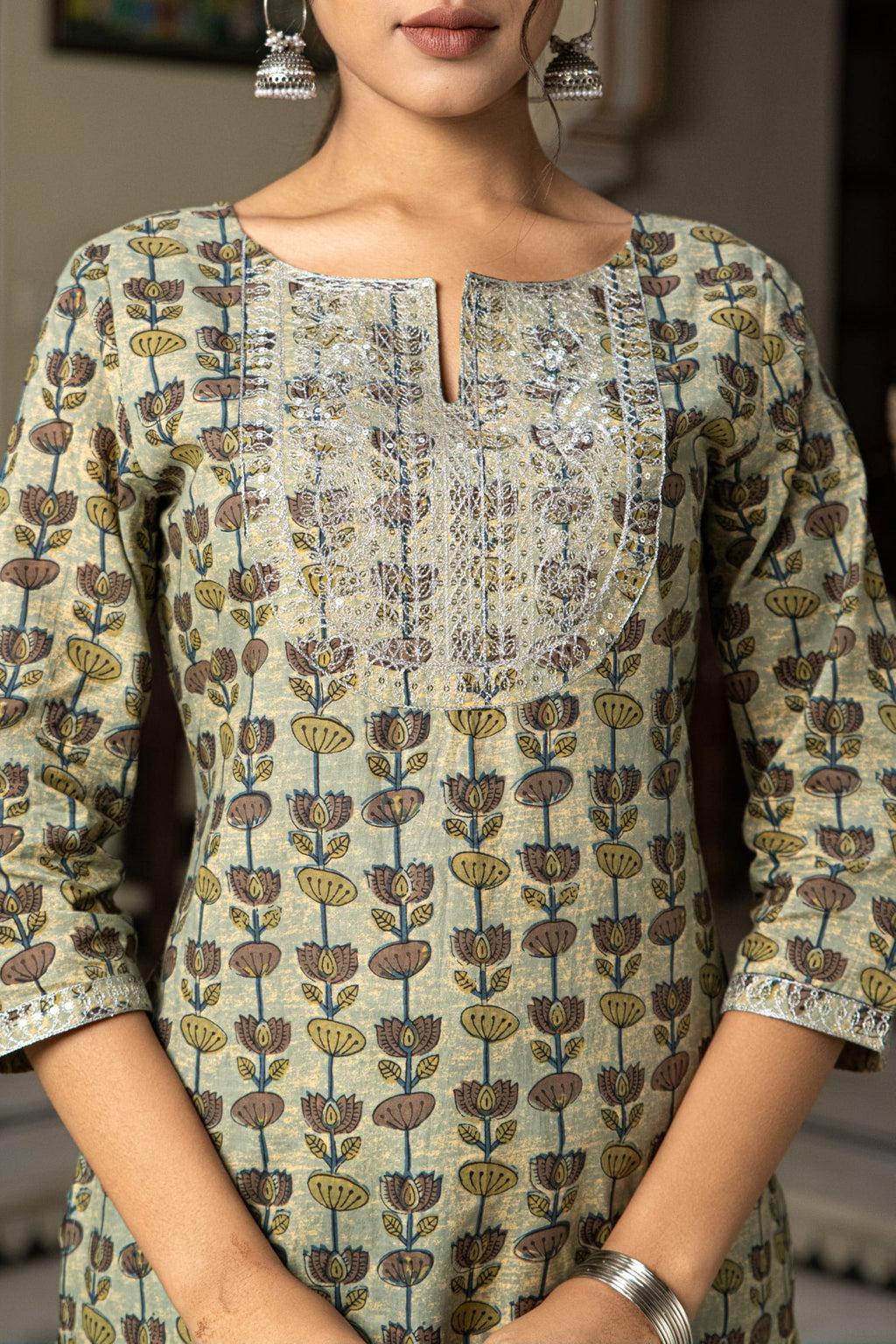 Green Hand Block Printed Cotton Kurta with Pants- Set of 2 Bada Boota