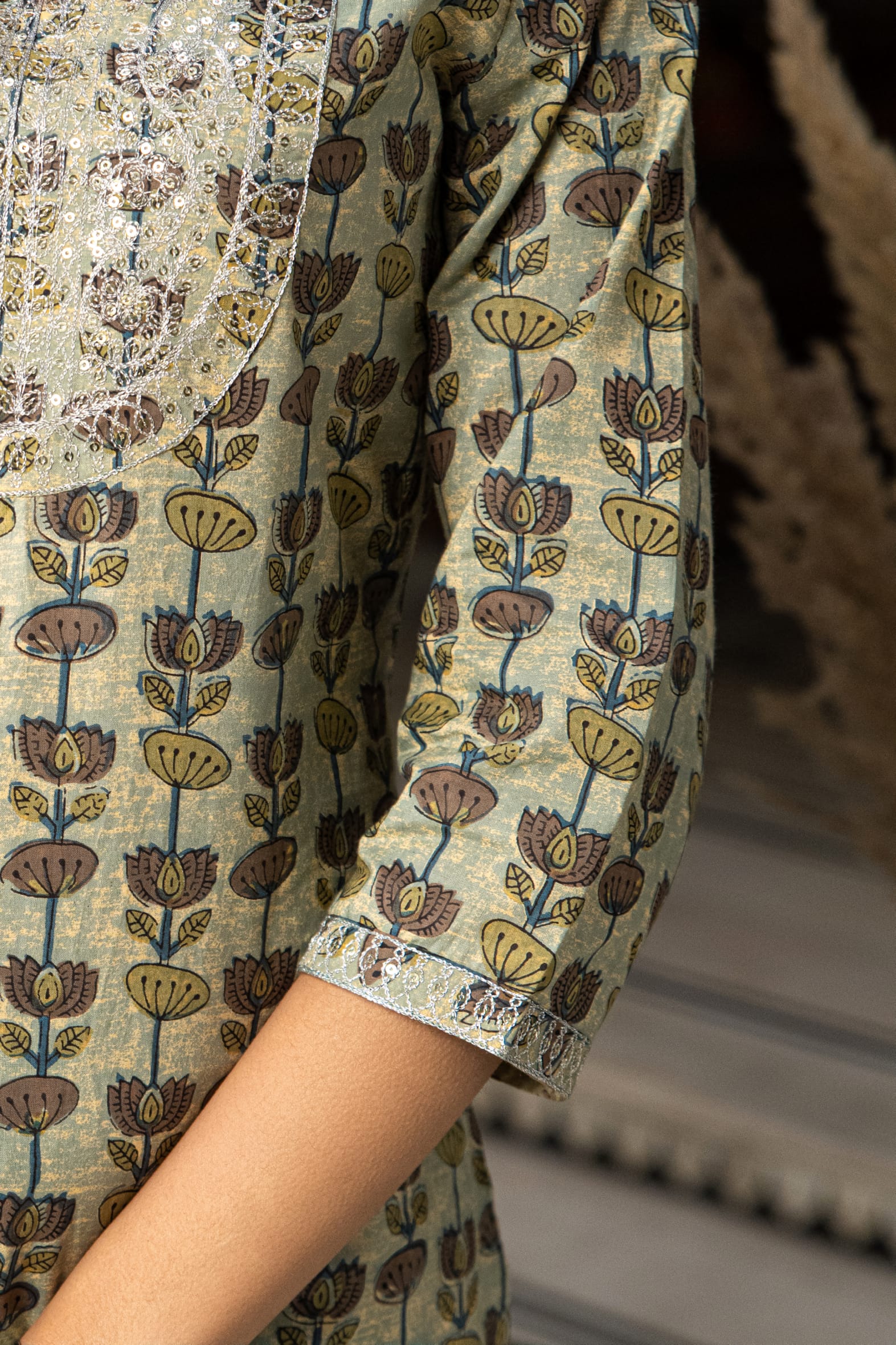 Green Hand Block Printed Cotton Kurta with Pants- Set of 2 Bada Boota