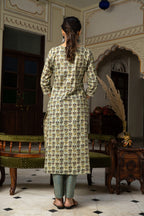 Green Hand Block Printed Cotton Kurta with Pants- Set of 2 Bada Boota
