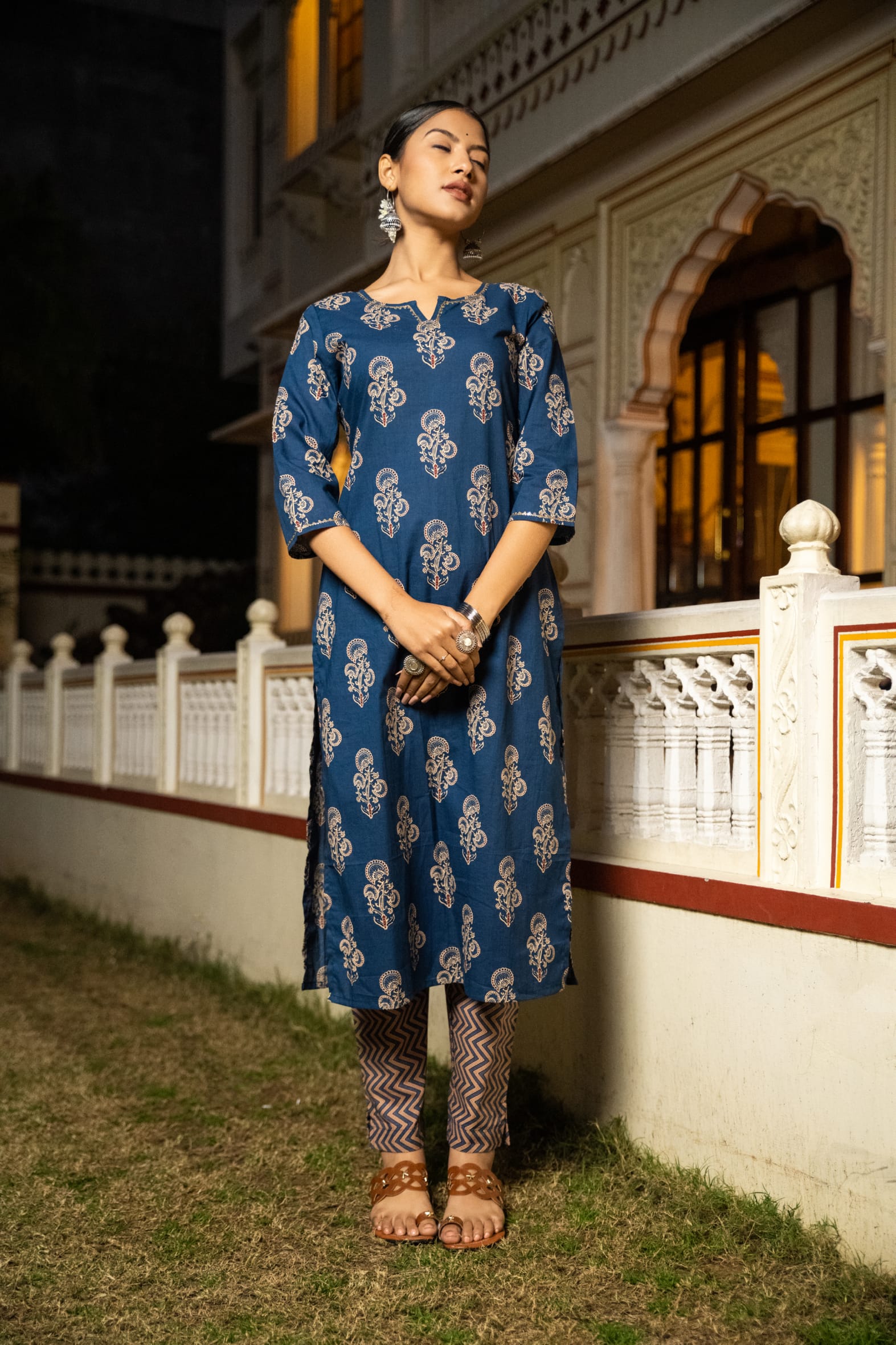 Indigo Hand Block Printed Cotton Kurta with Pants- Set of 2 Bada Boota