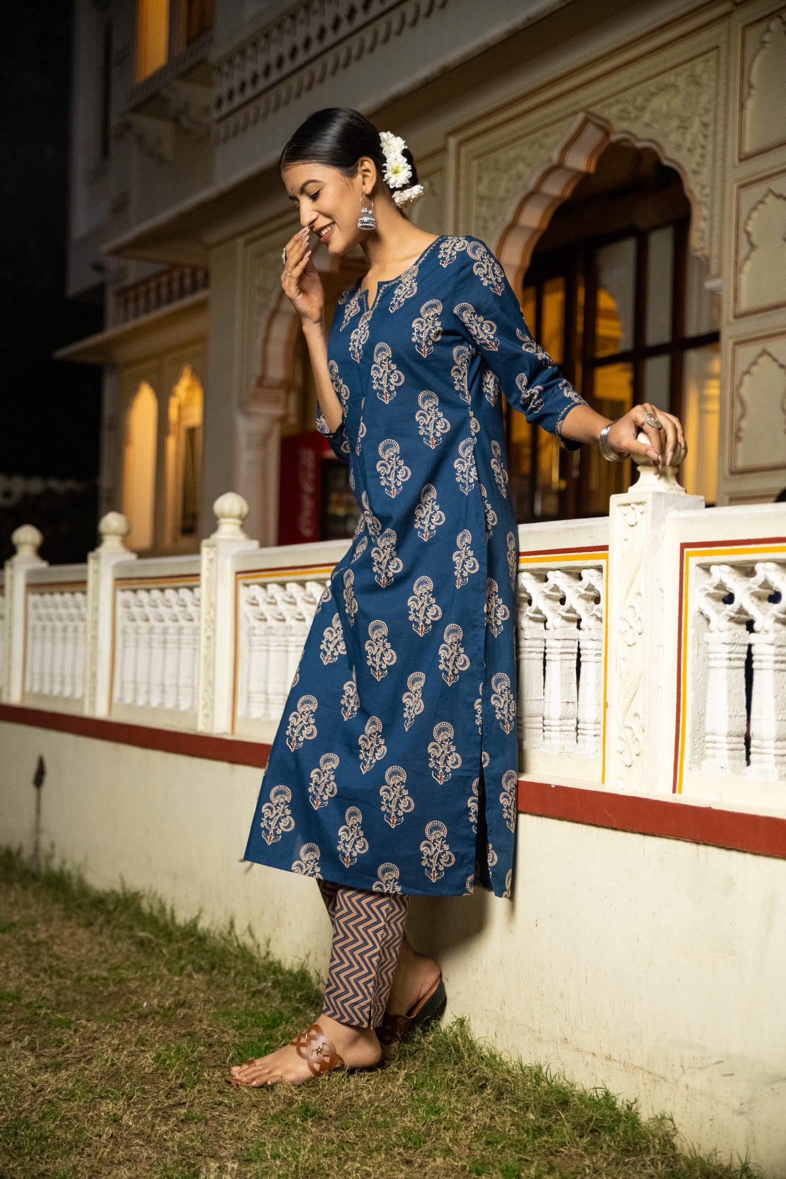 Indigo Hand Block Printed Cotton Kurta with Pants- Set of 2 Bada Boota