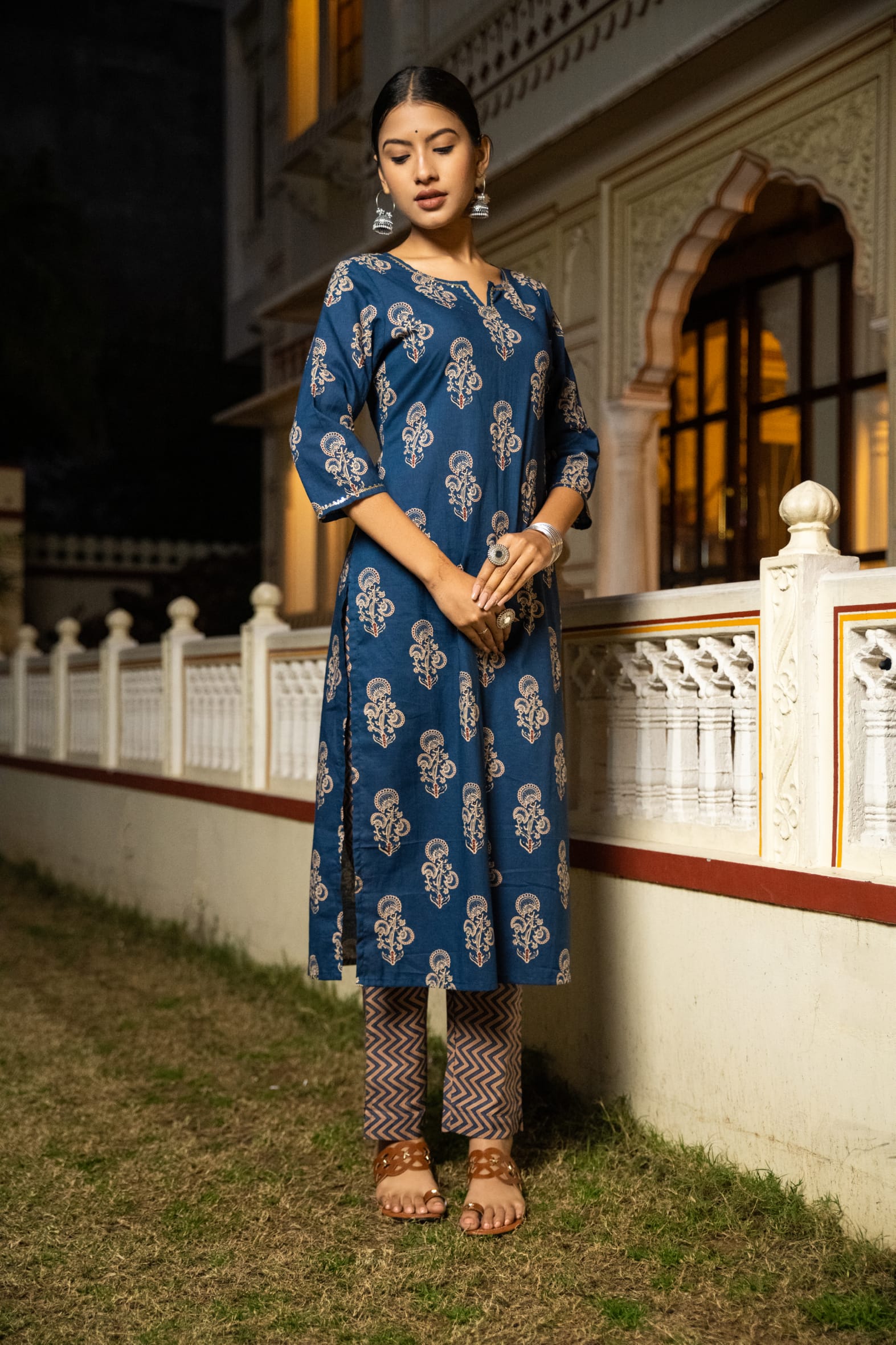 Indigo Hand Block Printed Cotton Kurta with Pants- Set of 2 Bada Boota