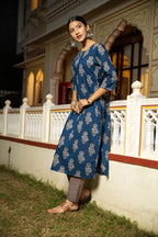 Indigo Hand Block Printed Cotton Kurta with Pants- Set of 2 Bada Boota
