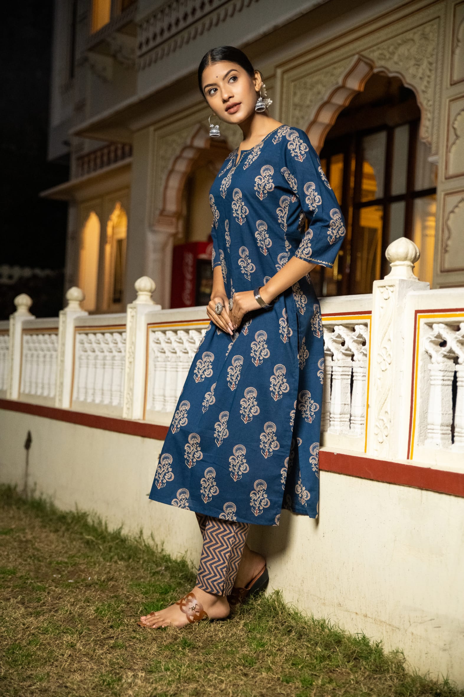 Indigo Hand Block Printed Cotton Kurta with Pants- Set of 2 Bada Boota