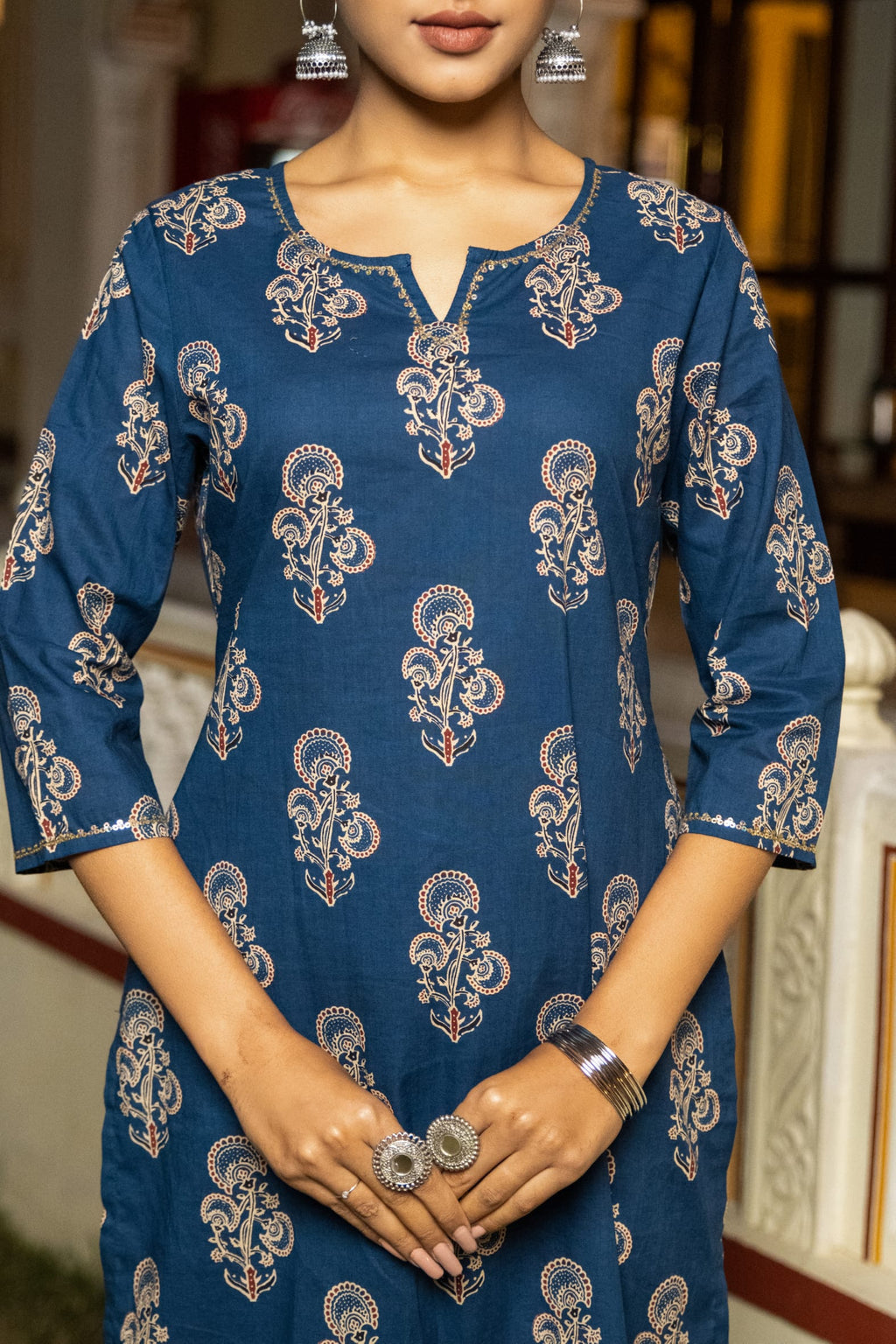 Indigo Hand Block Printed Cotton Kurta with Pants- Set of 2 Bada Boota
