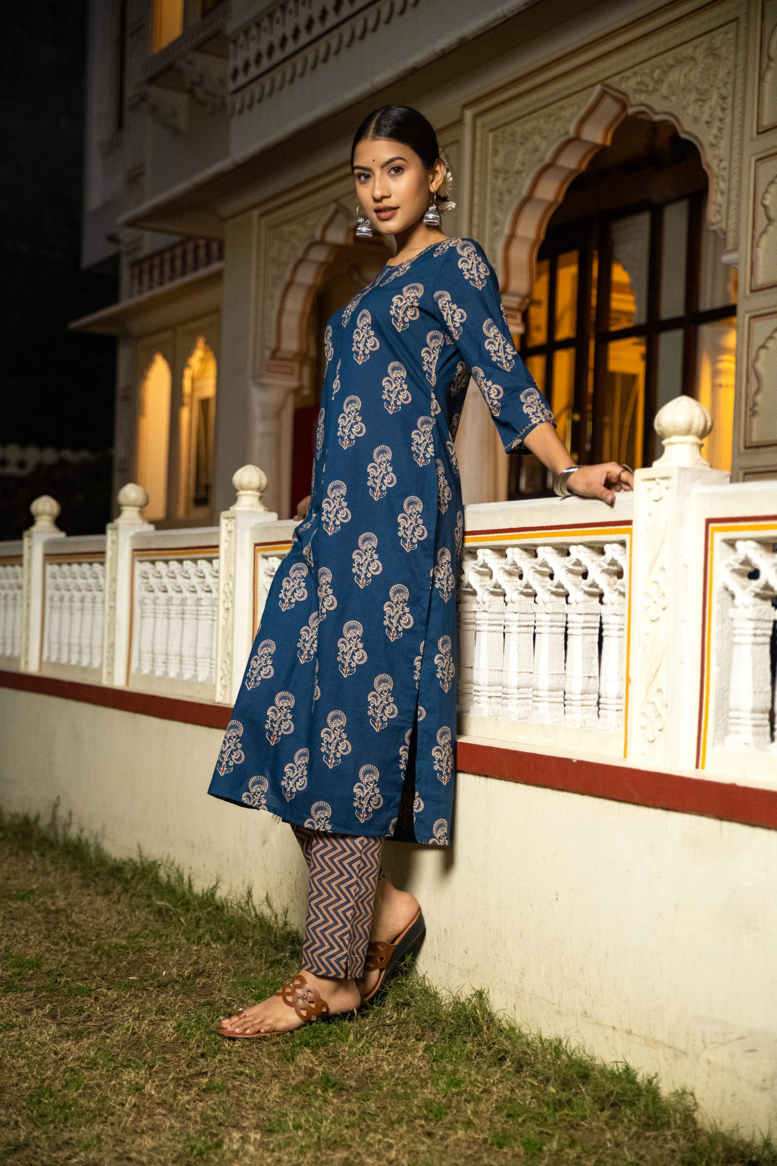 Indigo Hand Block Printed Cotton Kurta with Pants- Set of 2 Bada Boota