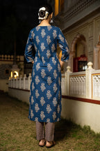 Indigo Hand Block Printed Cotton Kurta with Pants- Set of 2 Bada Boota