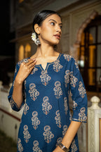 Indigo Hand Block Printed Cotton Kurta with Pants- Set of 2 Bada Boota