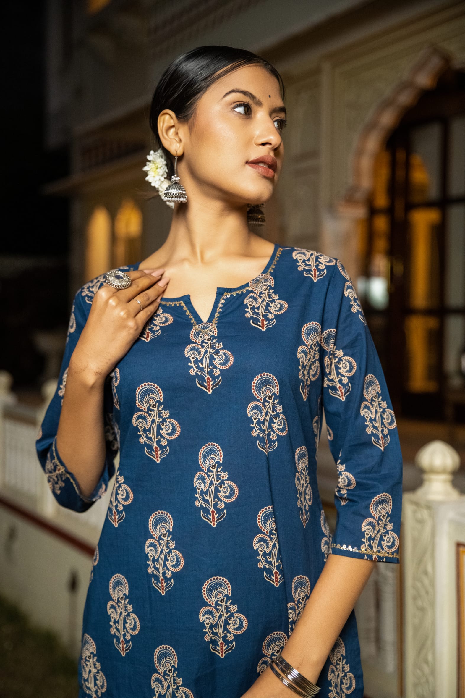 Indigo Hand Block Printed Cotton Kurta with Pants- Set of 2 Bada Boota