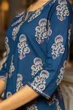 Indigo Hand Block Printed Cotton Kurta with Pants- Set of 2 Bada Boota