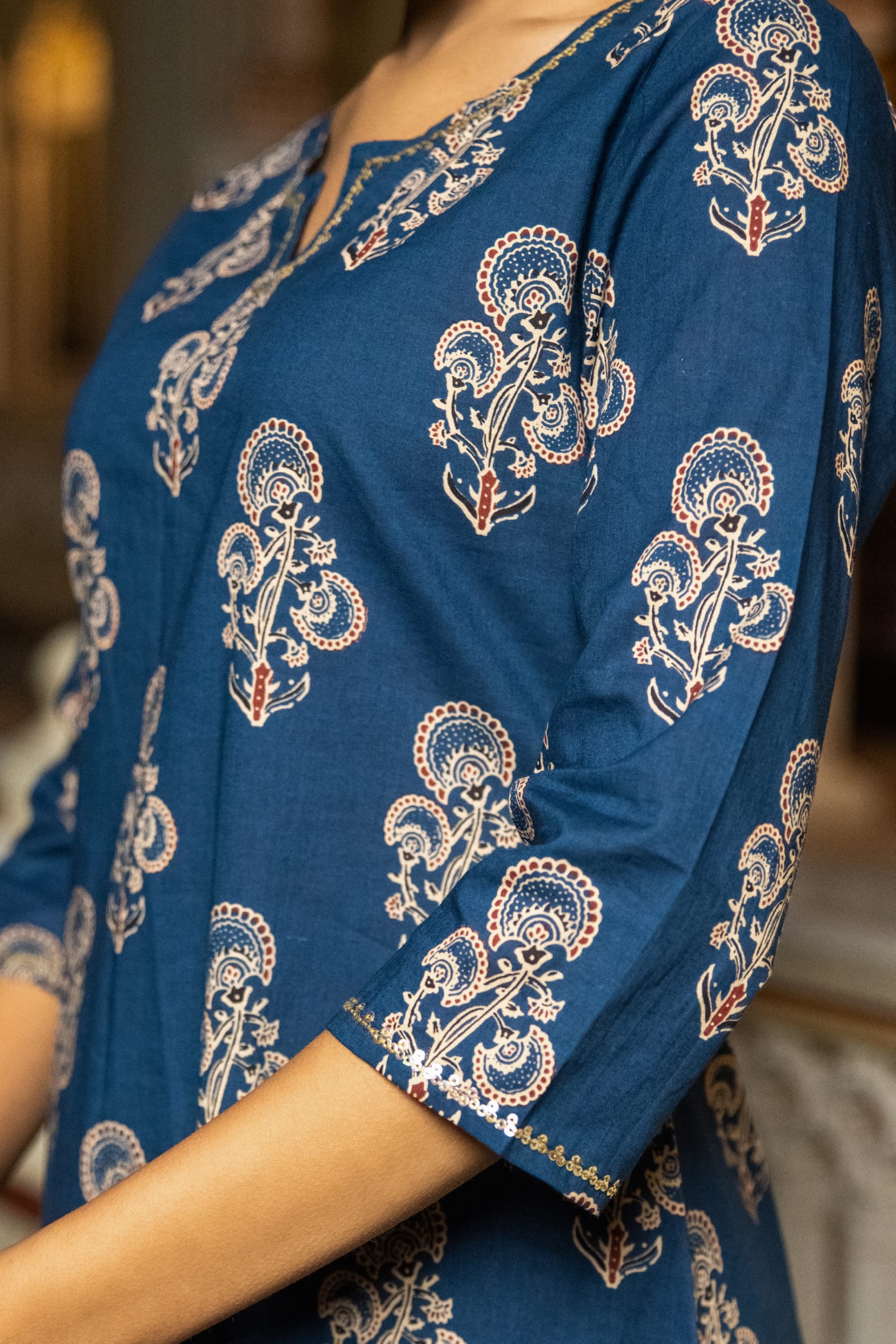 Indigo Hand Block Printed Cotton Kurta with Pants- Set of 2 Bada Boota