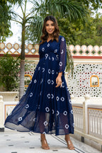 Navy Blue Tie and Dye Long Front Slit Chiffon Dress Bada Boota