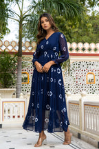 Navy Blue Tie and Dye Long Front Slit Chiffon Dress Bada Boota