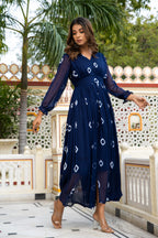 Navy Blue Tie and Dye Long Front Slit Chiffon Dress Bada Boota
